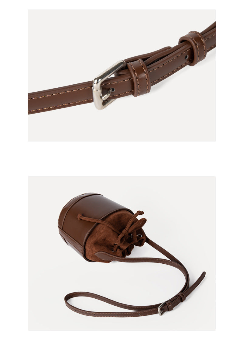 New retro drawstring barrel bag Korean suede PU simple niche shoulder messenger bag for women