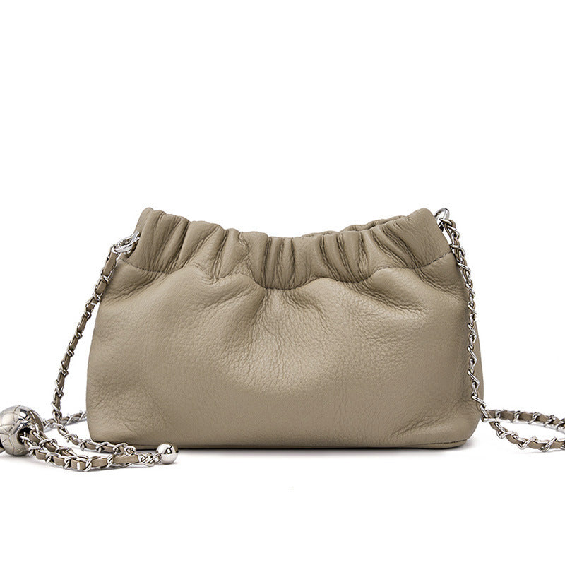 2025 popular underarm bag, high-grade cloud pleated bag, women's bag, top-layer cowhide shoulder messenger bag, gold ball chain
