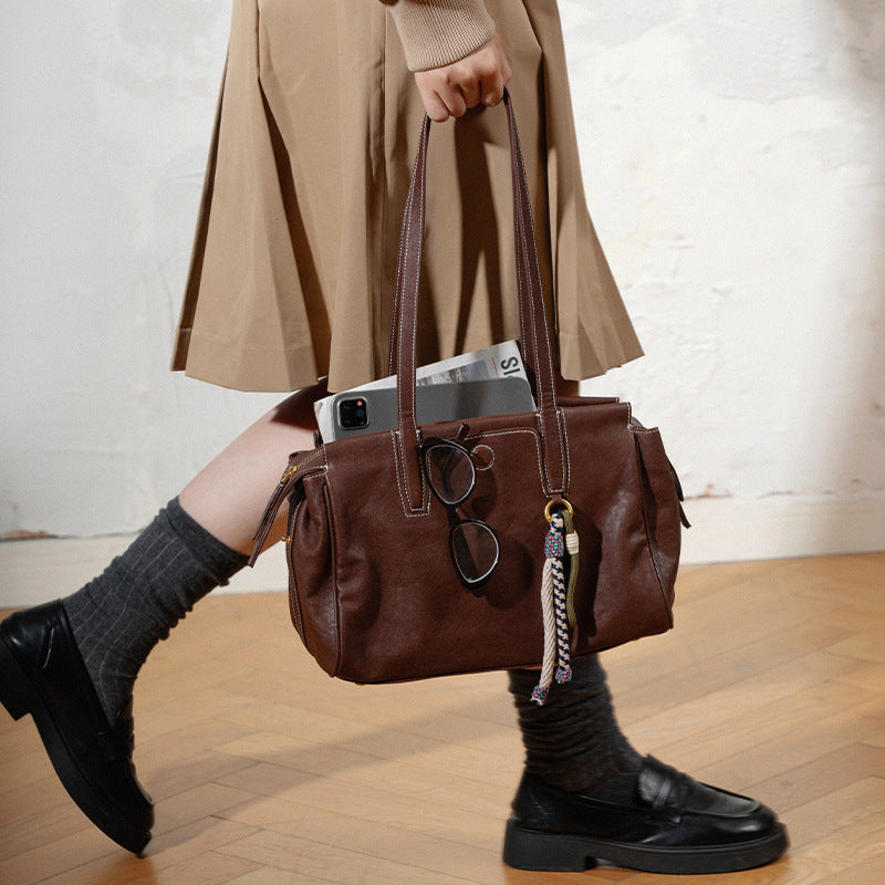 Women's handbag with pearl decoration, genuine soft cowhide, celebrity-like niche design, retro pillow bag