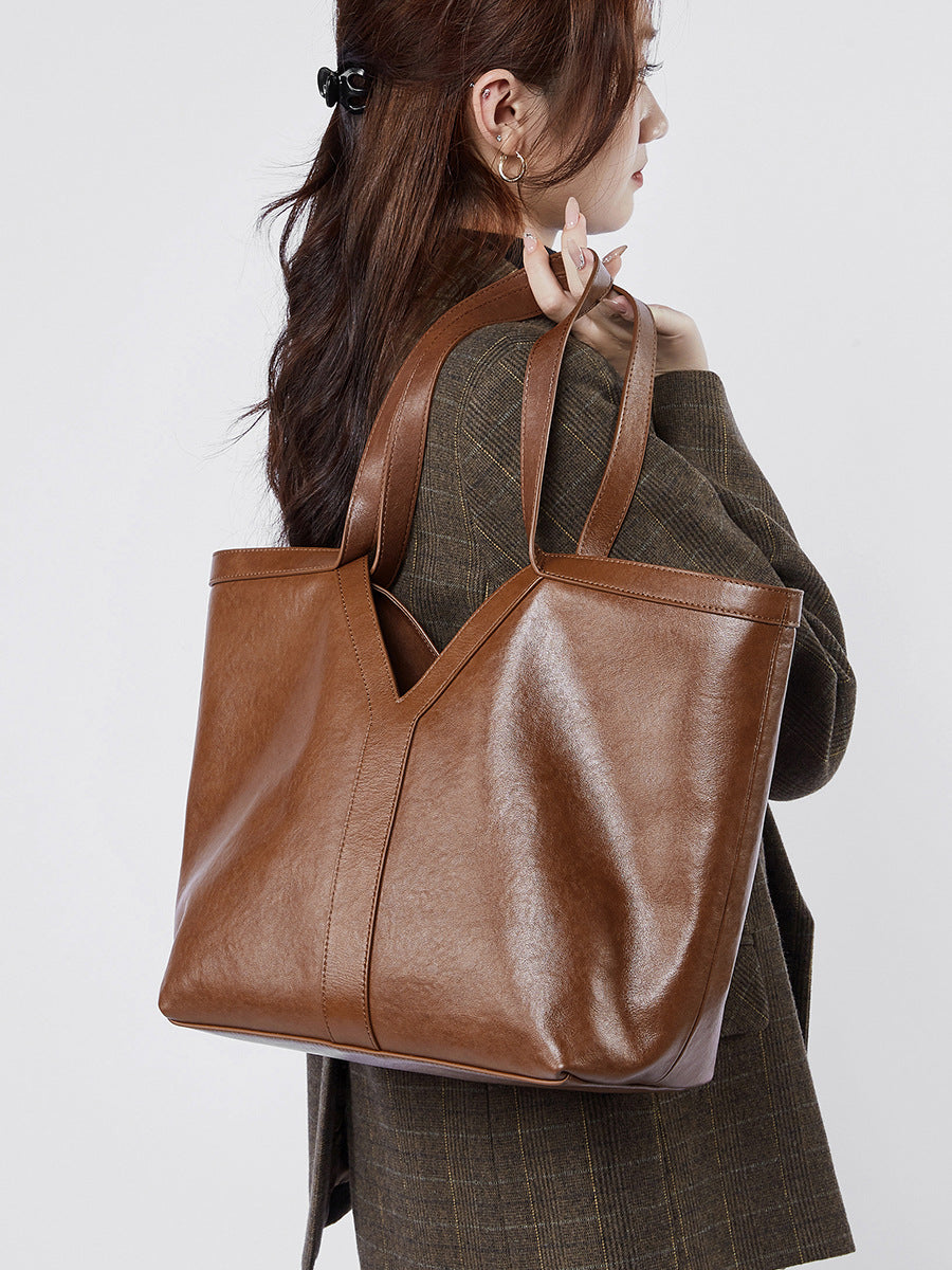 2025 autumn simple Korean leather tote bag shoulder bag large capacity women's bag underarm bag handbag cowhide
