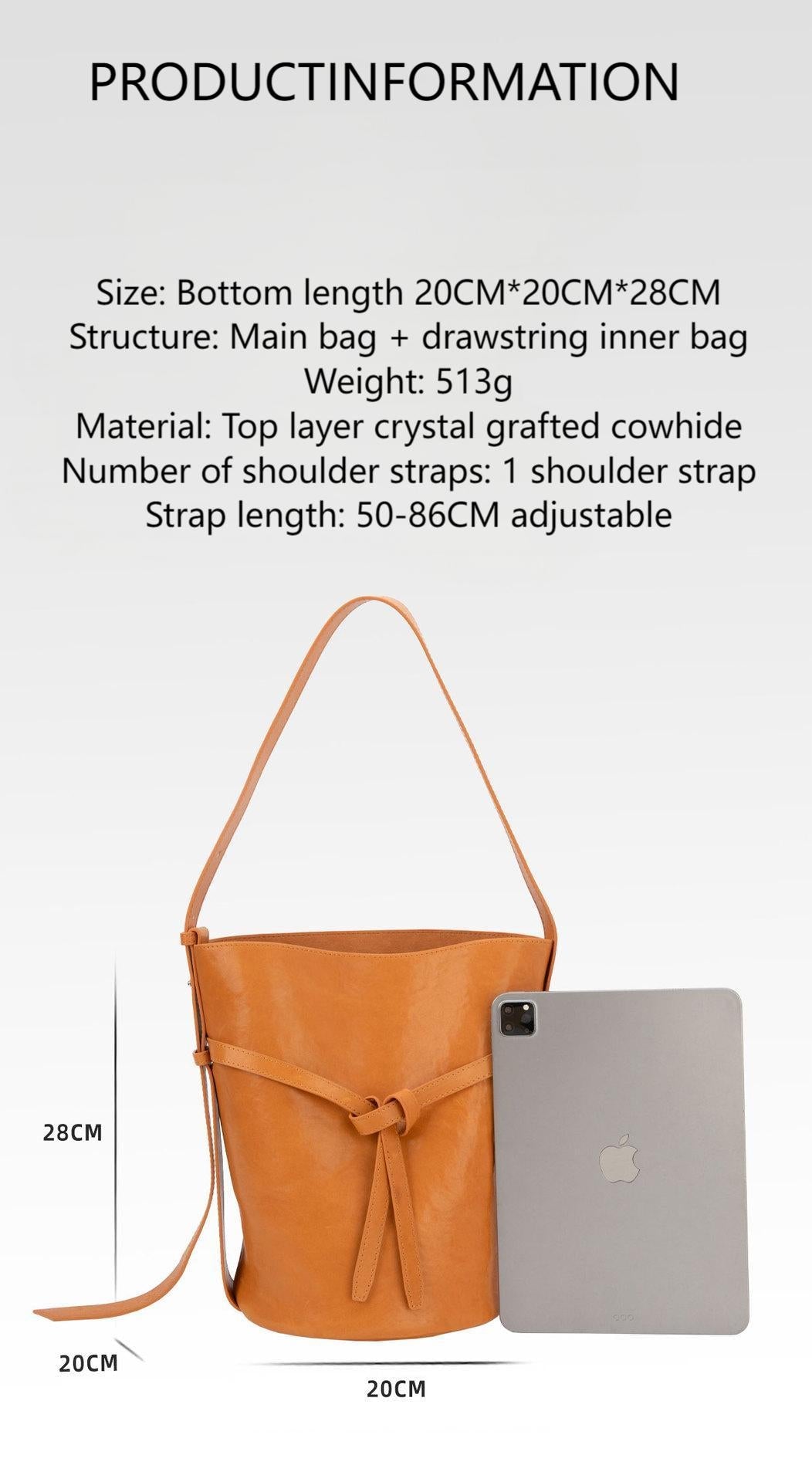 Bucket bag for women, large capacity, high-end, niche design, top-layer vegetable tanned genuine cowhide, retro texture shoulder bag