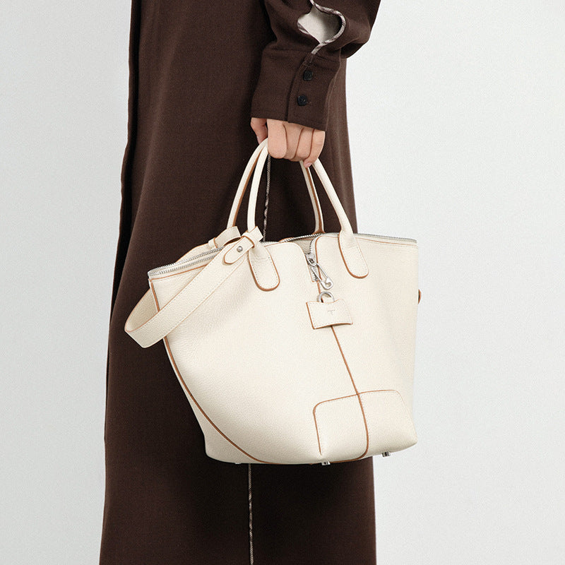Vegetable basket bag, high-end niche design, top-layer vegetable tanned genuine cowhide, shoulder-shoulder, large-capacity bucket handbag