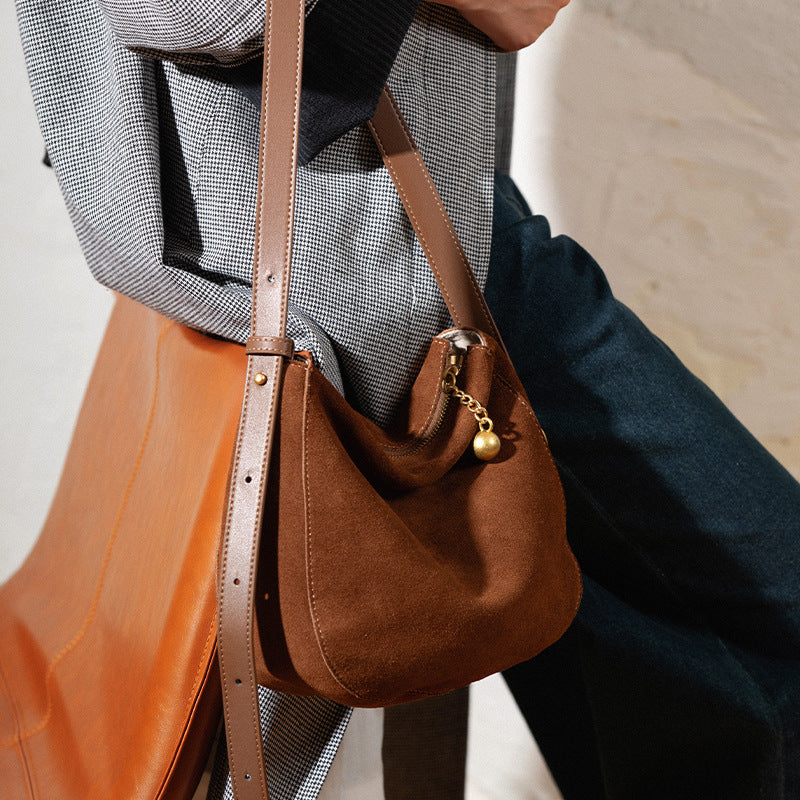 Crossbody bag for women 2025 new frosted genuine cowhide high-end niche design large capacity retro shoulder bag