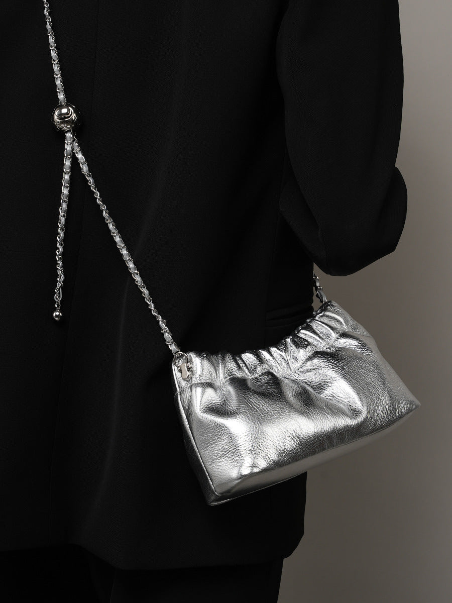 2025 popular underarm bag, high-grade cloud pleated bag, women's bag, top-layer cowhide shoulder messenger bag, gold ball chain