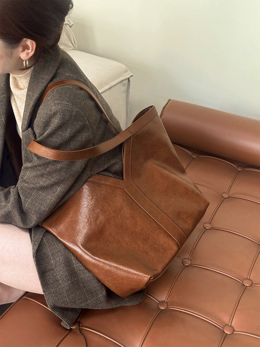 2025 autumn simple Korean leather tote bag shoulder bag large capacity women's bag underarm bag handbag cowhide