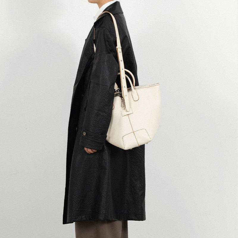 Vegetable basket bag, high-end niche design, top-layer vegetable tanned genuine cowhide, shoulder-shoulder, large-capacity bucket handbag