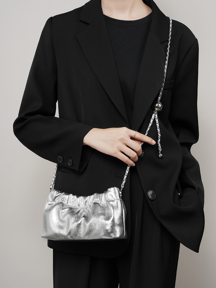 2025 popular underarm bag, high-grade cloud pleated bag, women's bag, top-layer cowhide shoulder messenger bag, gold ball chain