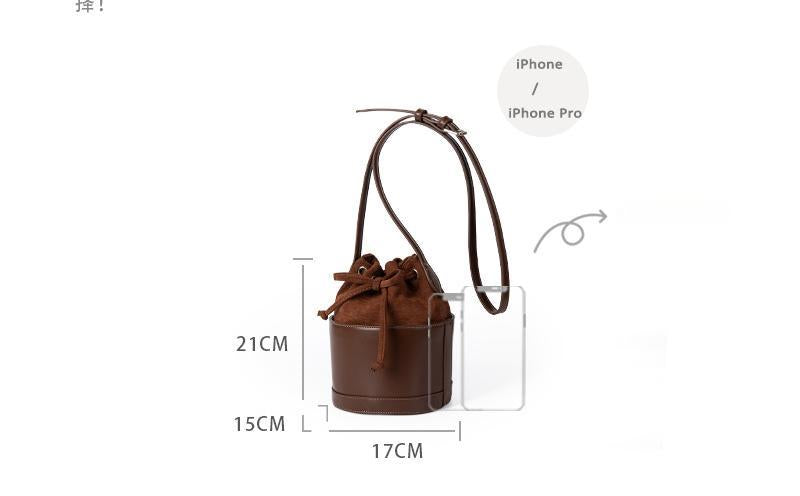New retro drawstring barrel bag Korean suede PU simple niche shoulder messenger bag for women