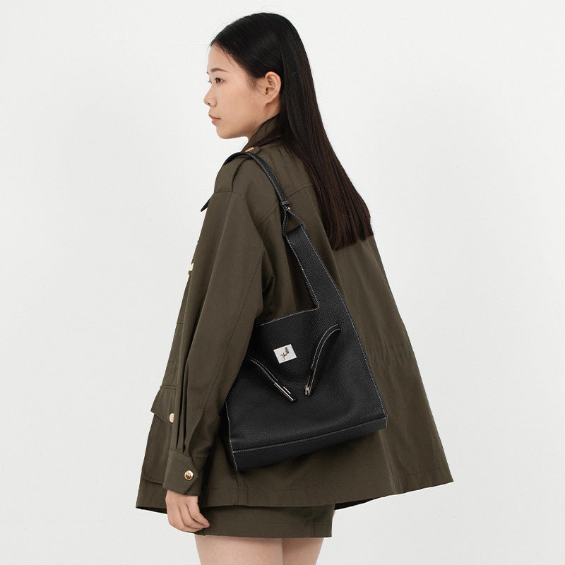 Vegetable basket crossbody high-end niche design first-layer genuine cowhide garbage bag single-shoulder handbag