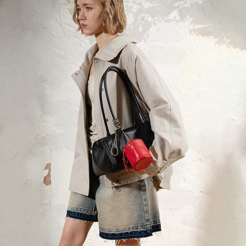 Boston Crossbody 2024 Autumn and Winter New High-end Niche Top-layer Real Cowhide One-shoulder Pillow Bag Bowling Bag for Women