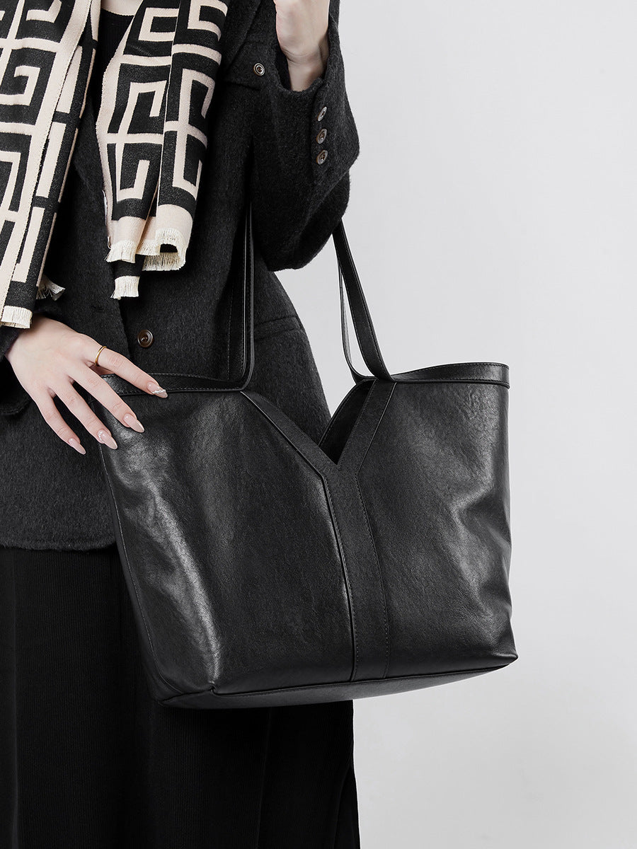 2025 autumn simple Korean leather tote bag shoulder bag large capacity women's bag underarm bag handbag cowhide