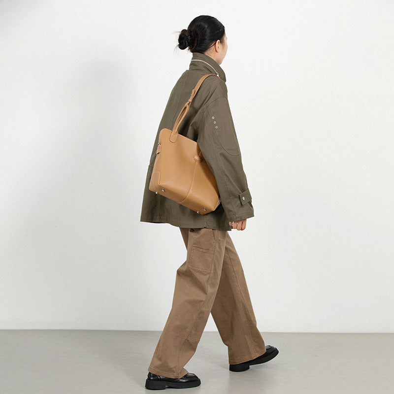 Vegetable basket bag, high-end niche design, top-layer vegetable tanned genuine cowhide, shoulder-shoulder, large-capacity bucket handbag