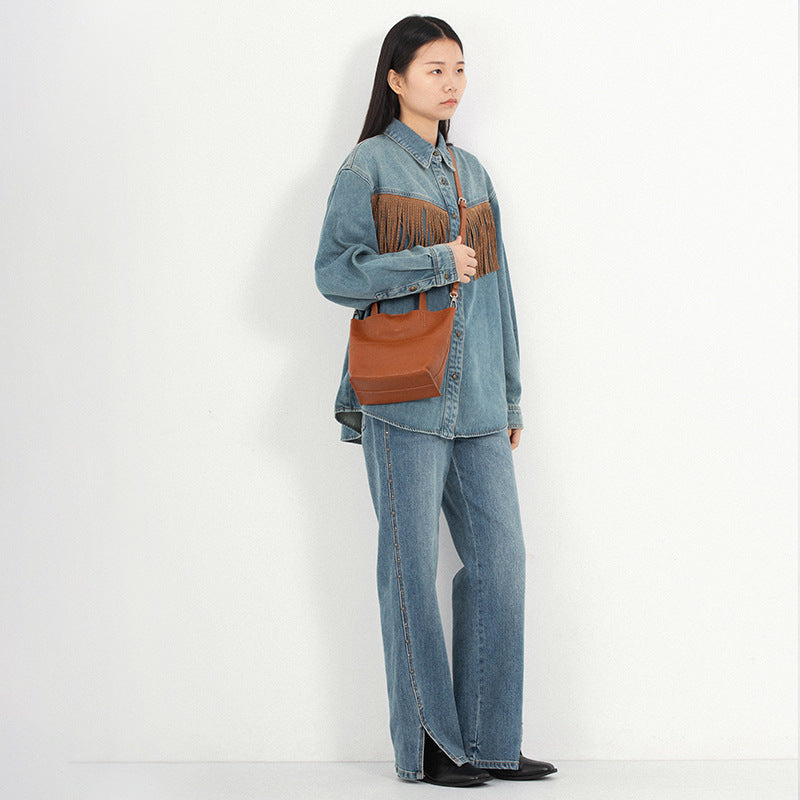 Bucket bag for women 2025 new crossbody niche design top layer vegetable tanned cowhide shoulder handbag
