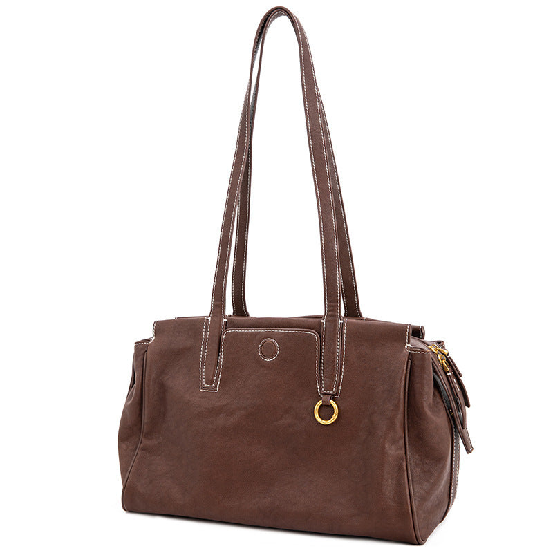 Women's handbag with pearl decoration, genuine soft cowhide, celebrity-like niche design, retro pillow bag