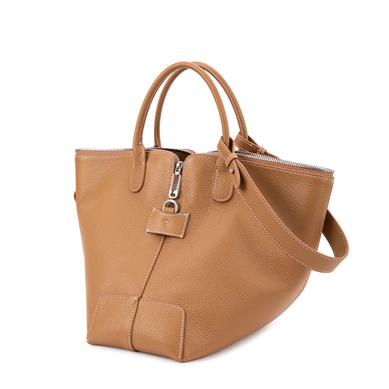 Vegetable basket bag, high-end niche design, top-layer vegetable tanned genuine cowhide, shoulder-shoulder, large-capacity bucket handbag