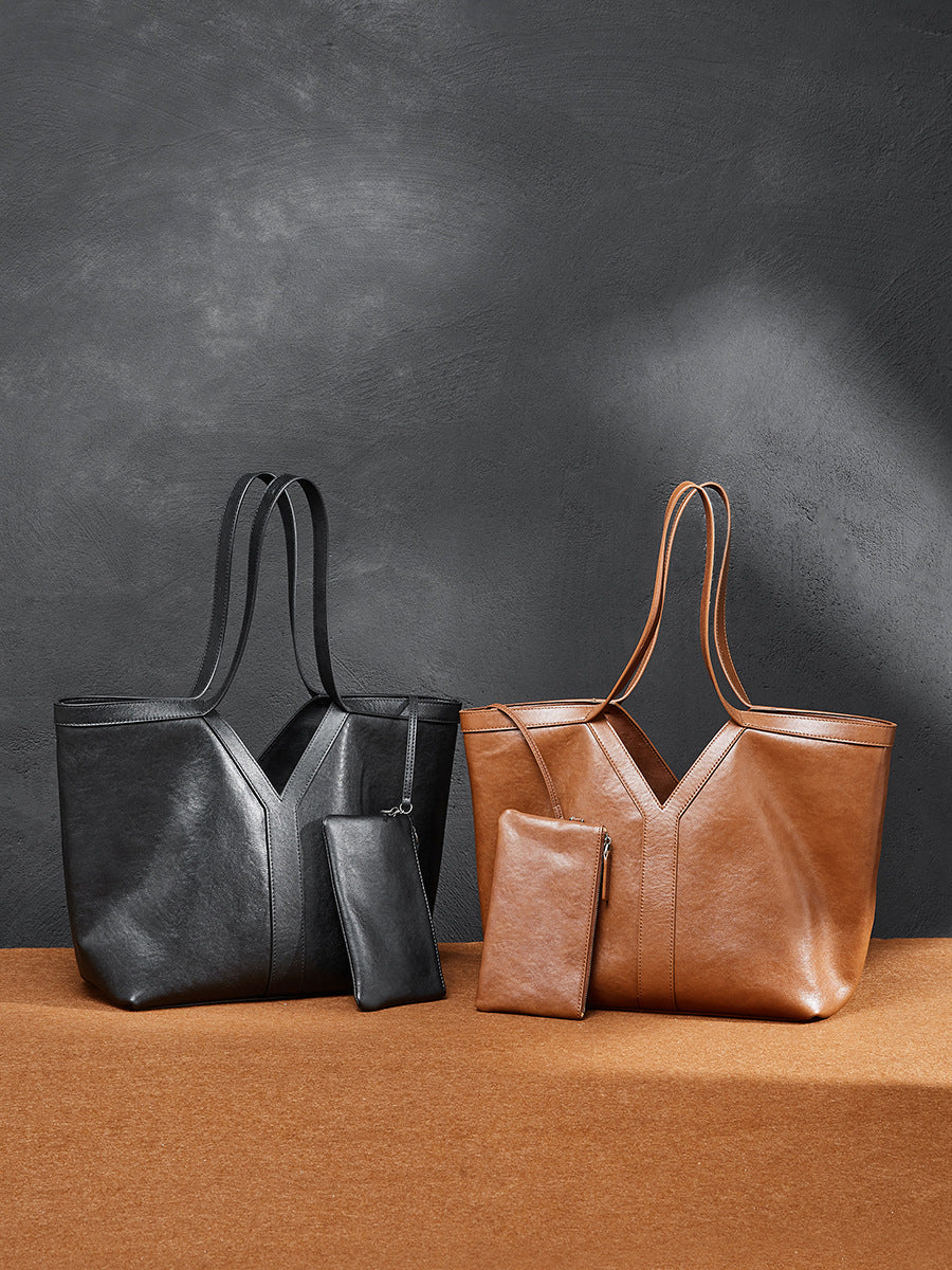 2025 autumn simple Korean leather tote bag shoulder bag large capacity women's bag underarm bag handbag cowhide