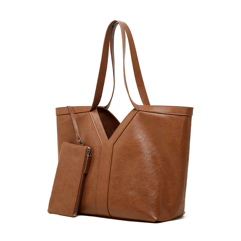 2025 autumn simple Korean leather tote bag shoulder bag large capacity women's bag underarm bag handbag cowhide