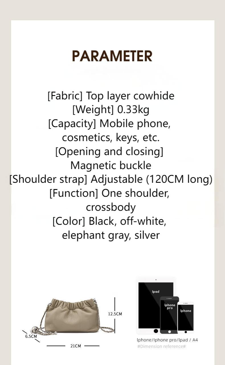 2025 popular underarm bag, high-grade cloud pleated bag, women's bag, top-layer cowhide shoulder messenger bag, gold ball chain